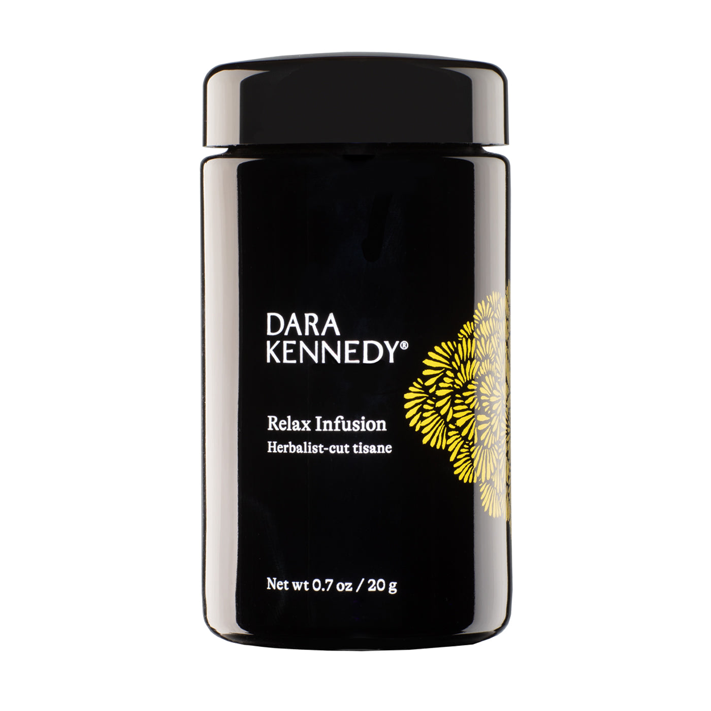A black jar of Dara Kennedy Relax Infusion herbalist-cut tissue with a yellow floral graphic on the side, set against a plain white background.