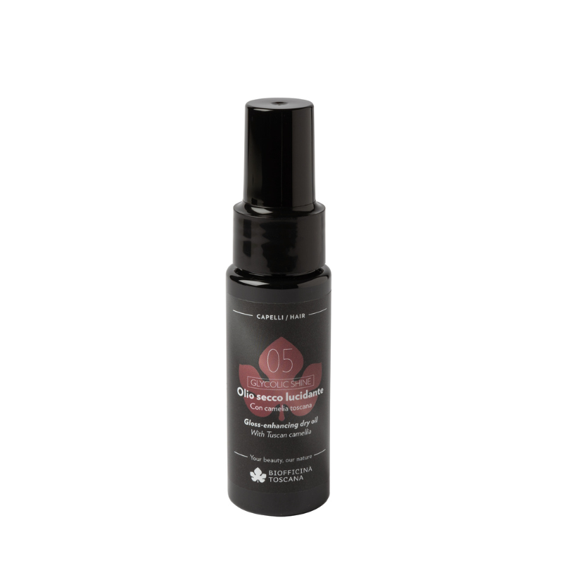 A black pump bottle of Biofficina Toscana 05 Olio secco lucidante hair oil, shown against a plain white background. Non-greasy finishing dry oil for immediate shine and softness.