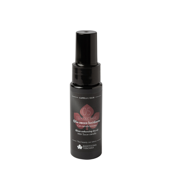 A black pump bottle of Biofficina Toscana 05 Olio secco lucidante hair oil, shown against a plain white background. Non-greasy finishing dry oil for immediate shine and softness.