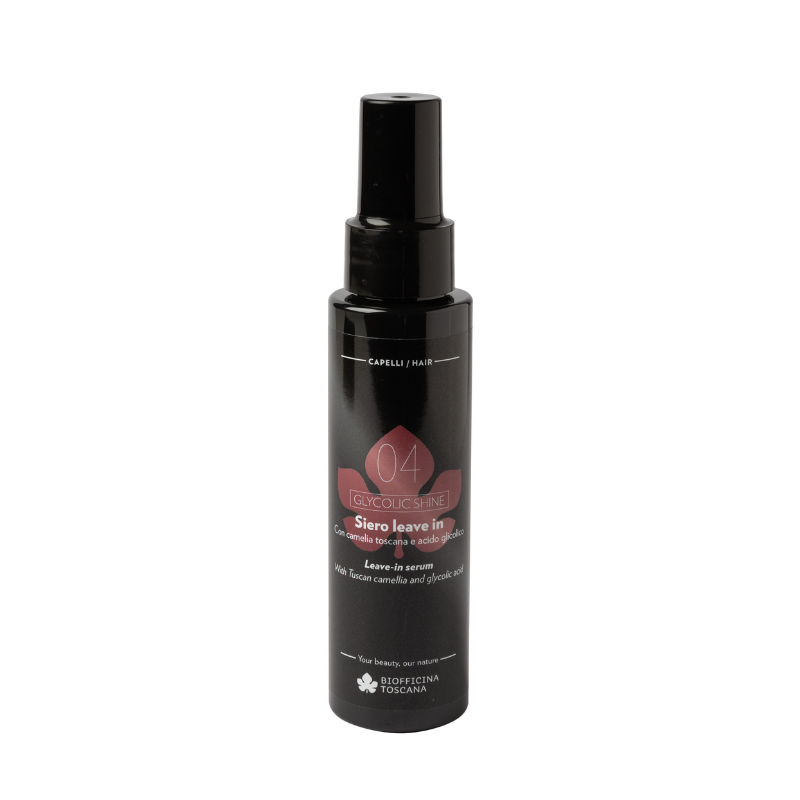 A black spray bottle of Capelli Milano 04 Radiance Siro leave-in conditioner, featuring a black nozzle and a label with pink and white text, set against a plain white background. Leave-in glass-hair serum with 1% glycolic acid and Tuscan camellia macerated oil.