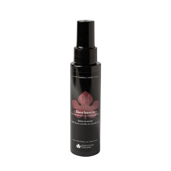 A black spray bottle of Capelli Milano 04 Radiance Siro leave-in conditioner, featuring a black nozzle and a label with pink and white text, set against a plain white background. Leave-in glass-hair serum with 1% glycolic acid and Tuscan camellia macerated oil.