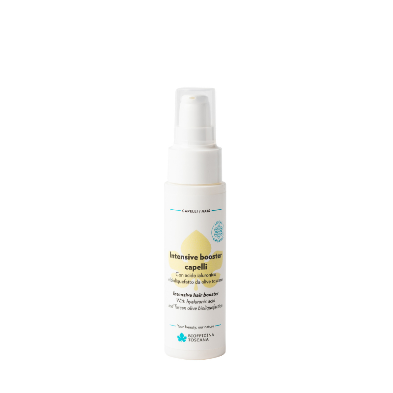 A white pump bottle of Intensive Booster Capelli hair care product on a plain white background. Restorative, filler-effect hair serum with triple-molecular-weight hyaluronic acid and Tuscan olive extract.