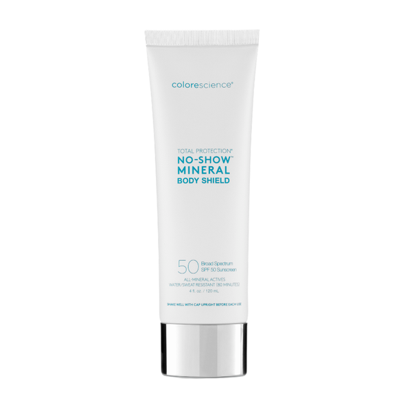 Colorescience Total Protection No-Show Mineral Body Shield SPF 50 sunscreen in a white 120ml tube with a silver cap and teal text, displayed upright against a white background.