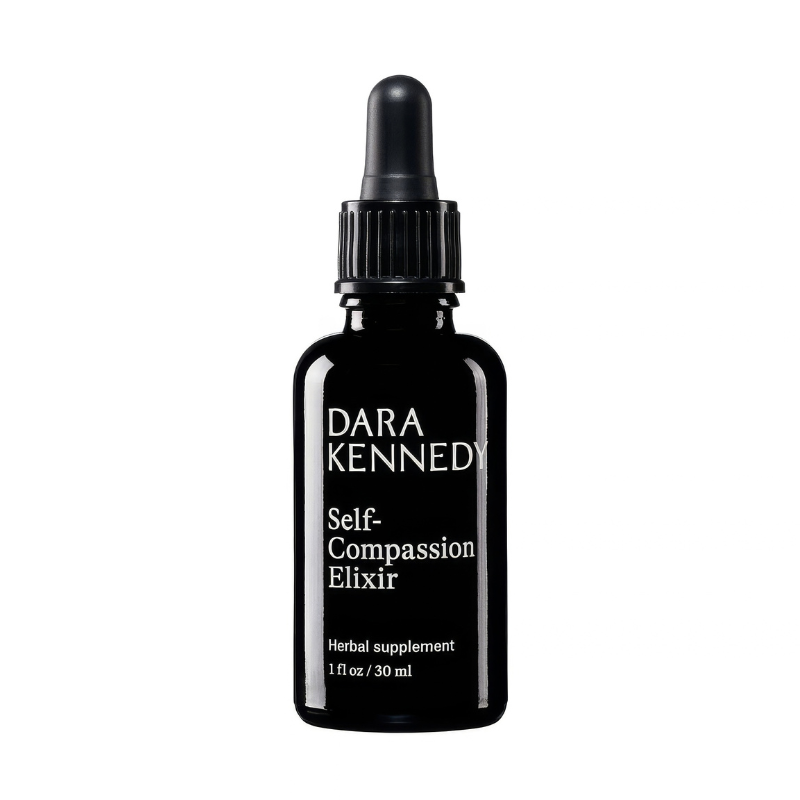A black glass dropper bottle of Dara Kennedy Self-Compassion Elixir herbal supplement, shown on a solid white background.