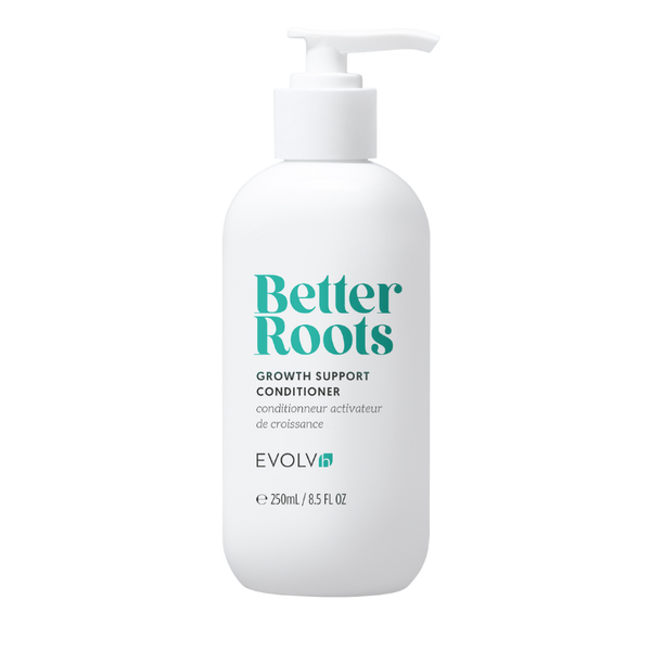 A white pump bottle of Better Roots Growth Support Conditioner with teal and black text, shown on a clean white background. Lightweight, strengthening conditioner for thicker, healthier hair.