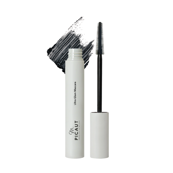 M Picaut Swedish Skincare Ultra Glam Mascara in a white tube, shown with cap removed and wand displayed alongside a black mascara swatch on a white background.