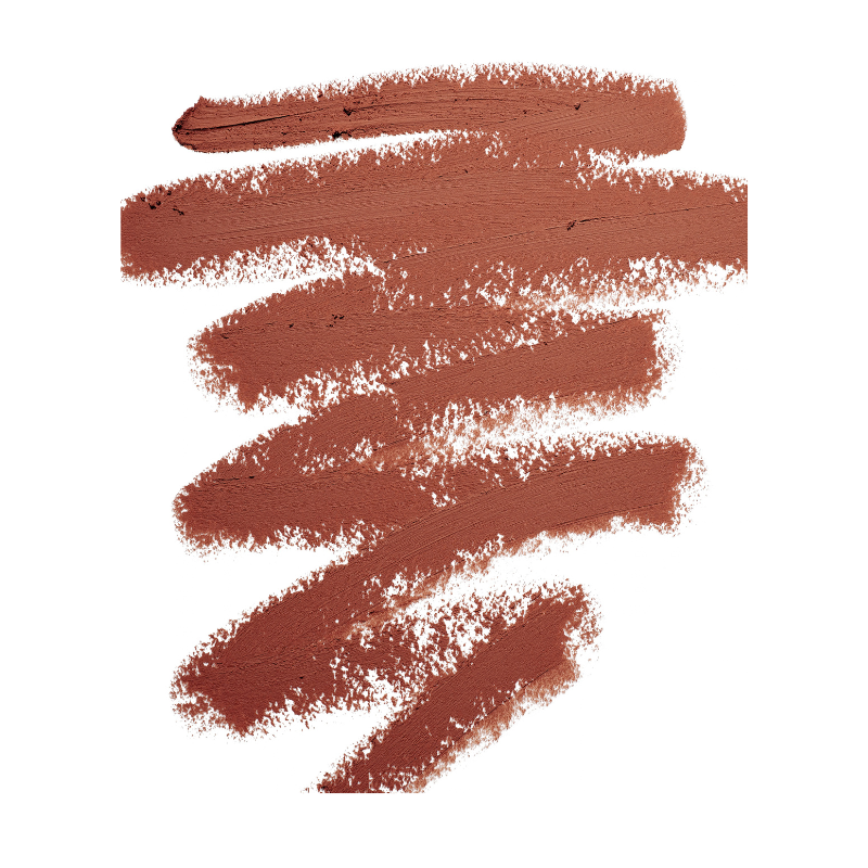 A textured cosmetic swatch of a warm terracotta or rust-brown color, shown as five horizontal brush strokes on a solid white background.