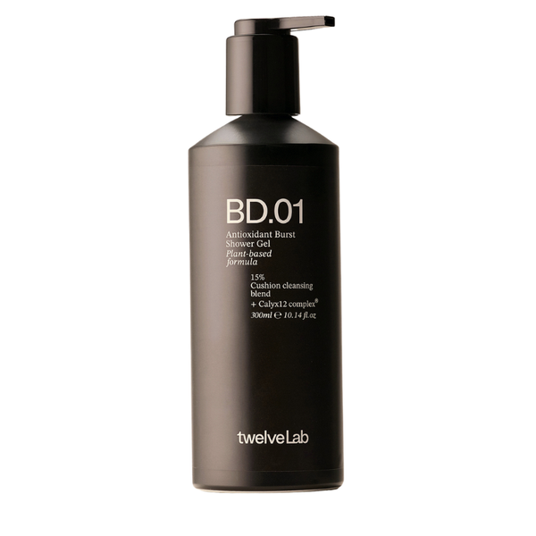 A 300ml bottle of twelveLab BD.01 Antioxidant Burst Shower Gel, featuring a matte dark brown bottle and a black pump dispenser, set against a plain white background.