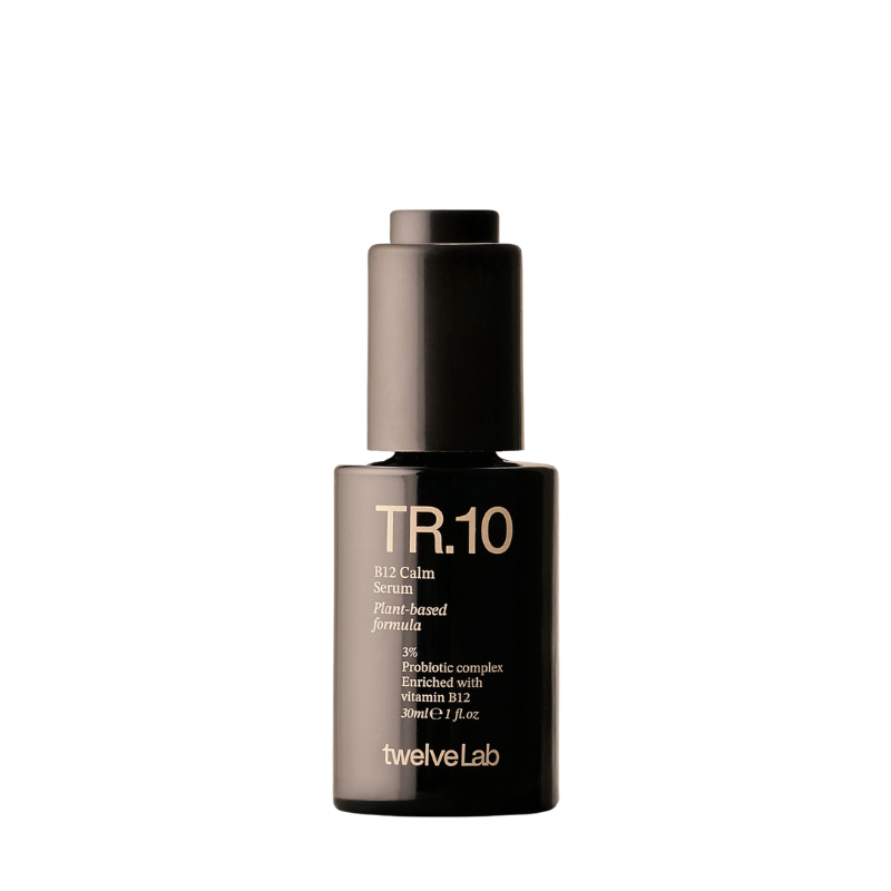 A bottle of twelveLab TR.10 B12 Calm Serum on a solid white background.