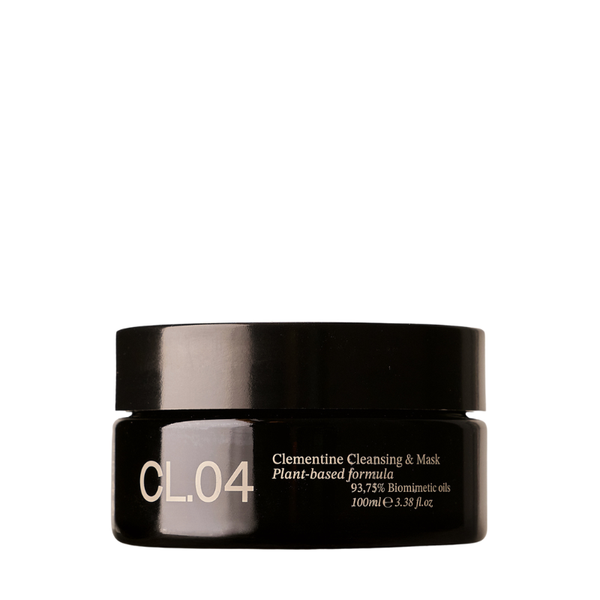 A black cosmetic jar of CL.04 Clementine Cleansing & Mask plant-based formula, 100ml, on a solid white background.