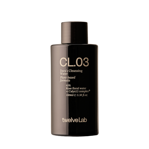 A 100ml bottle of twelveLab CL.03 Dara's Cleansing Water, a dark brown bottle with gold text, on a solid white background.