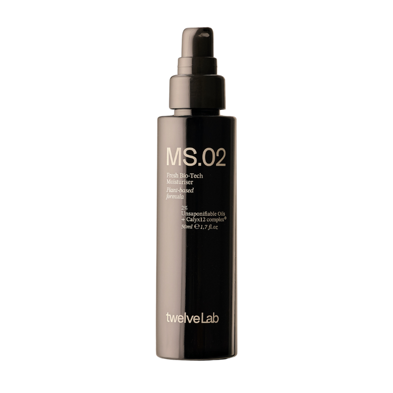 A dark brown glass pump bottle of twelveLab MS.02 Fresh Bio-Tech Moisturizer Plant-based formula on a solid white background.