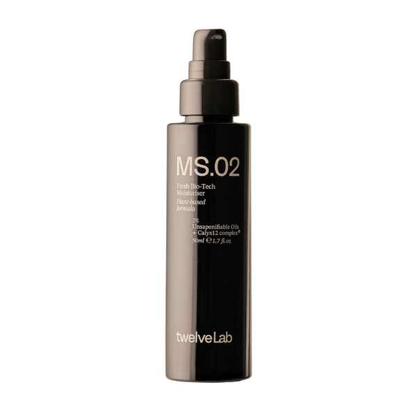 A dark brown glass pump bottle of twelveLab MS.02 Fresh Bio-Tech Moisturizer Plant-based formula on a solid white background.