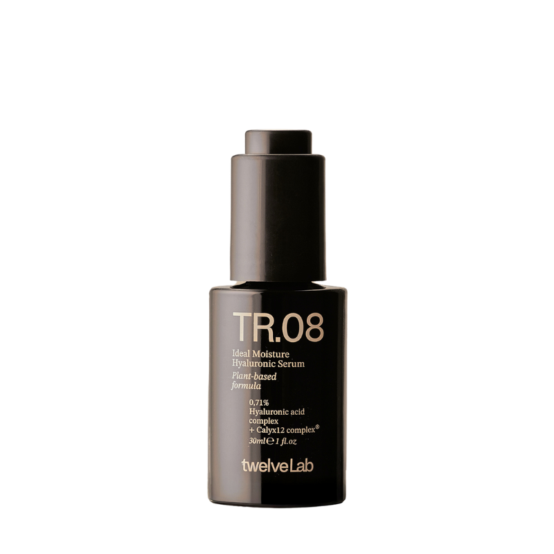 A bottle of twelveLab TR.08 Moisture Hyaluronic Serum, featuring a matte black cylindrical bottle and cap with gold lettering, set against a plain white background.