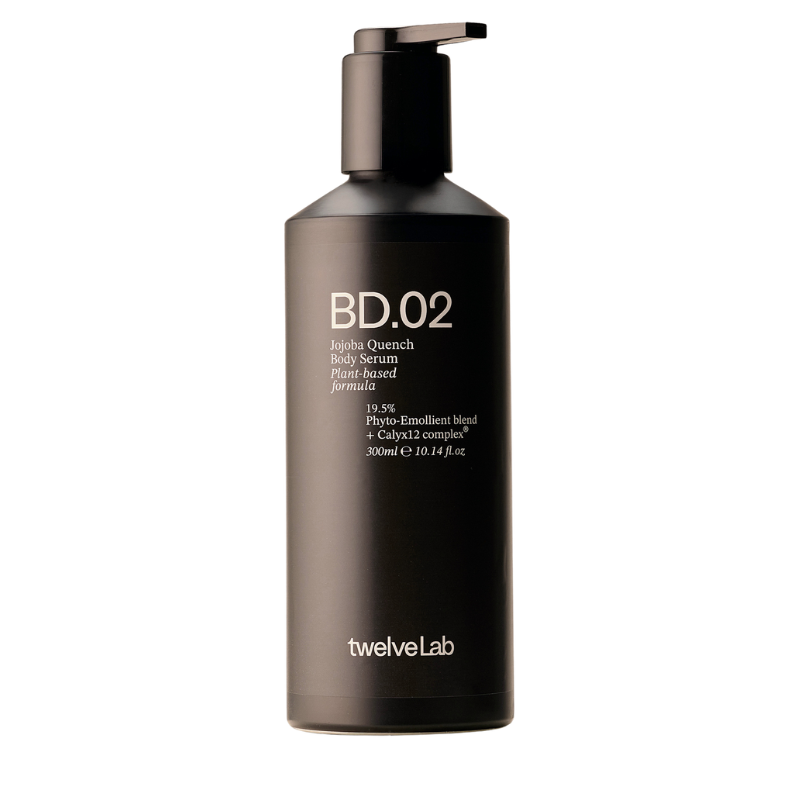 A matte black pump bottle of twelveLab BD.02 Jojoba Quench Body Serum on a clean white background.