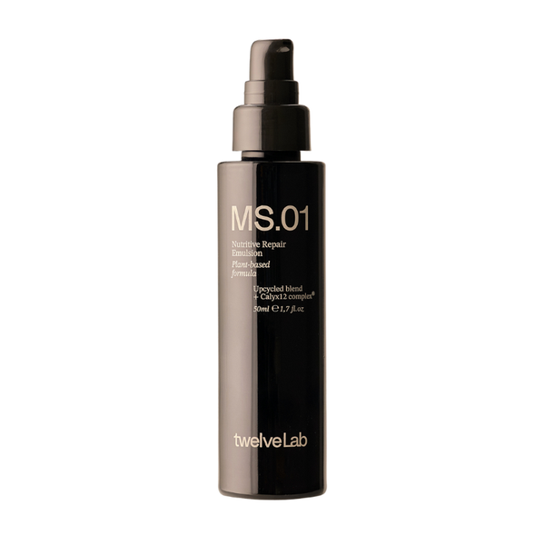 A tall, dark brown bottle of twelveLab MS.01 Nutritive Repair Emulsion with a black spray pump, shown on a solid white background.
