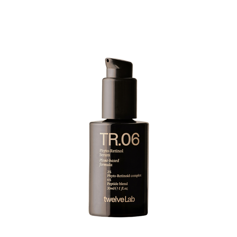 A black pump bottle of twelveLab TR.06 Phyto-Retinol Serum on a solid white background.
