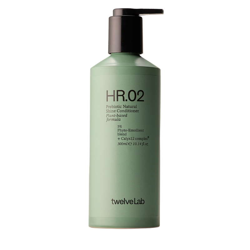 A 300ml bottle of twelveLab HR.02 Prebiotic Natural Shine Conditioner, featuring a sage green bottle and a black pump dispenser, set against a plain white background.
