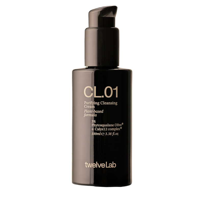 A 100ml pump bottle of twelveLab CL.01 Purifying Cleansing Cream, featuring a sleek black bottle and pump with gold lettering, set against a plain white background.