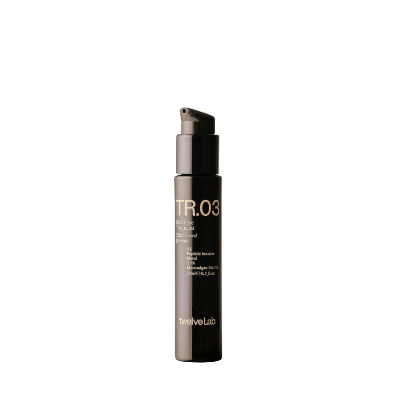 A tall, dark brown bottle of twelveLab TR.03 Rapid Eye Treatment with a black pump, shown on a solid white background. 
