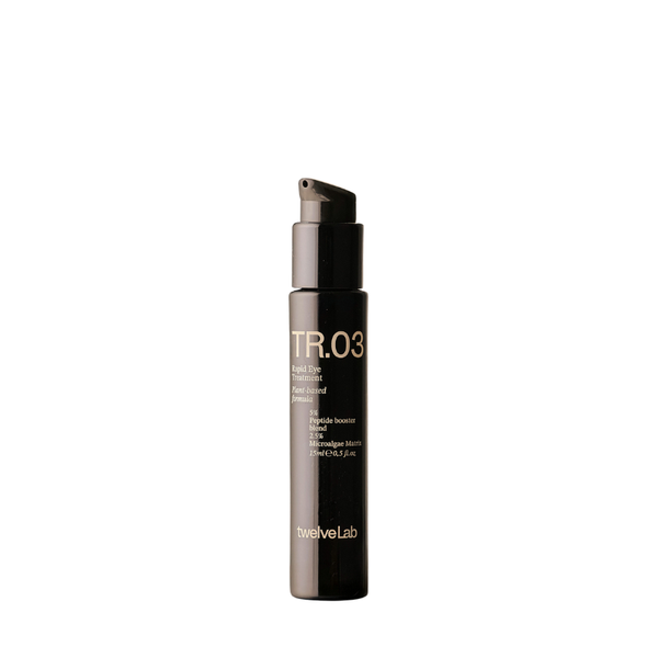 A tall, dark brown bottle of twelveLab TR.03 Rapid Eye Treatment with a black pump, shown on a solid white background. 