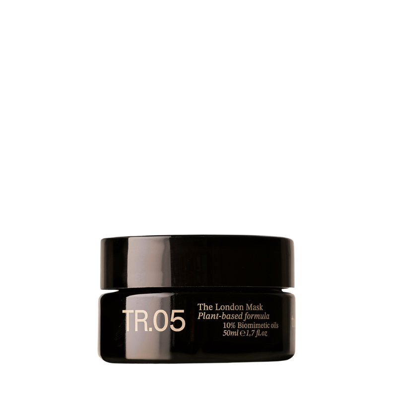 A black cosmetic jar of TR.05 The London Mask plant-based formula, 50ml, on a solid white background.