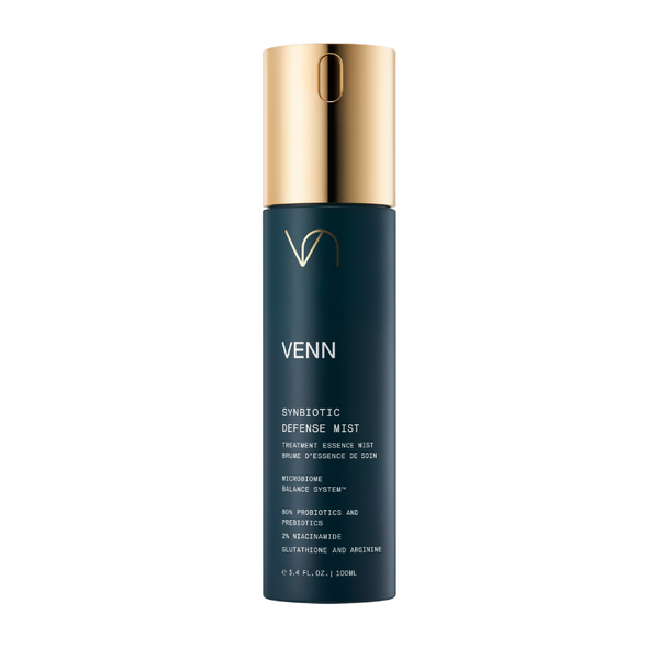 VENN Synbiotic Defense Mist in a dark teal 100ml spray bottle with a gold cap, featuring key ingredients including 80% probiotics and prebiotics, 2% niacinamide, glutathione, and arginine.